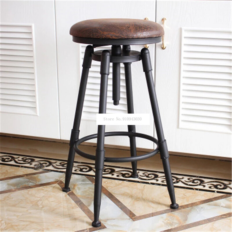 Retro amerykański styl ludowy obrotowe krzesło barowe stołek żelaza sztuki drewna/miękka poduszka siedzenia wysoki podnóżek obrotowy Liftable krzesło barowe