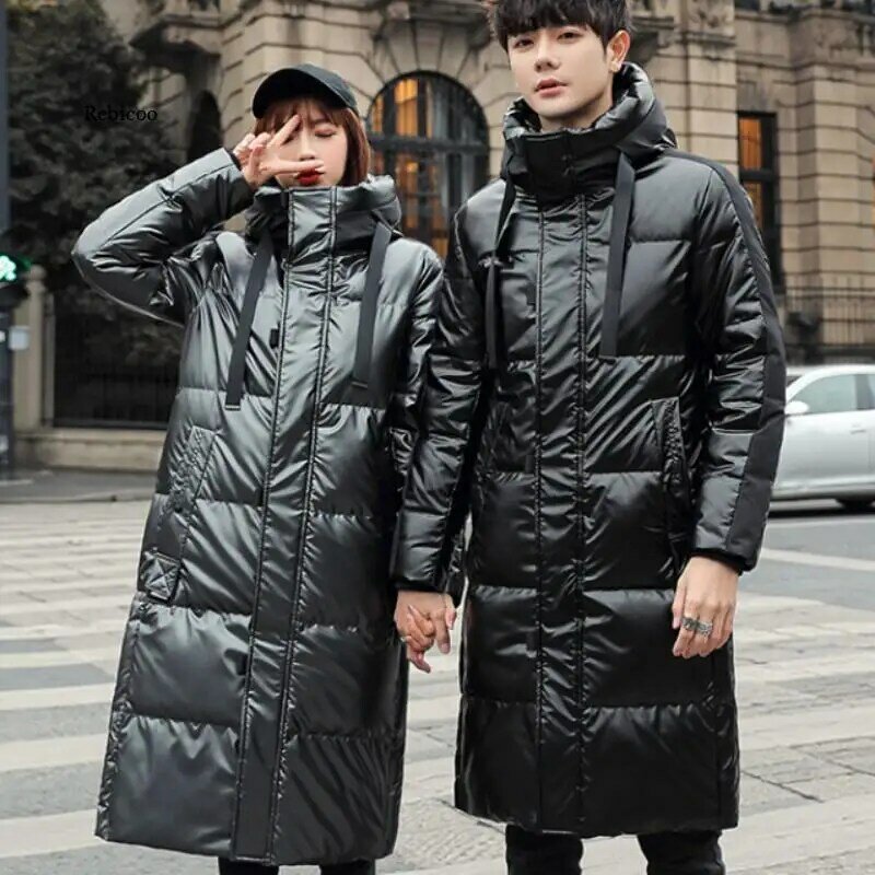 Winter Couple Glossy Hooded Down Jacket Men Mid-Length Thickened Warm Streetwear New Unisex Over-Knee Solid Casual Jacket Lovers