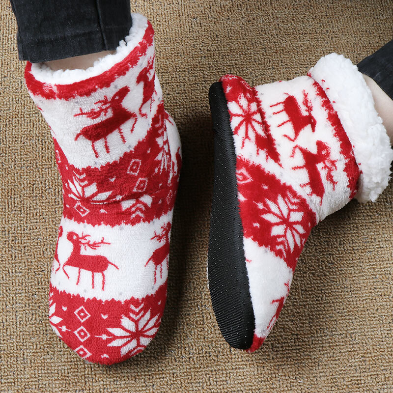 Elk natal interior meias sapatos feminino presente de natal em casa chinelos inverno quente pele slides senhoras plush floor sock