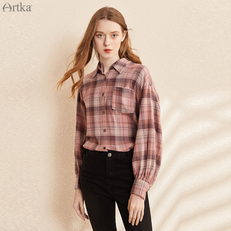 ARTKA-Blusa informal de algodón puro para mujer, camisa de manga larga con cuello vuelto holgada, a la moda, SA25001D, Otoño, 2020