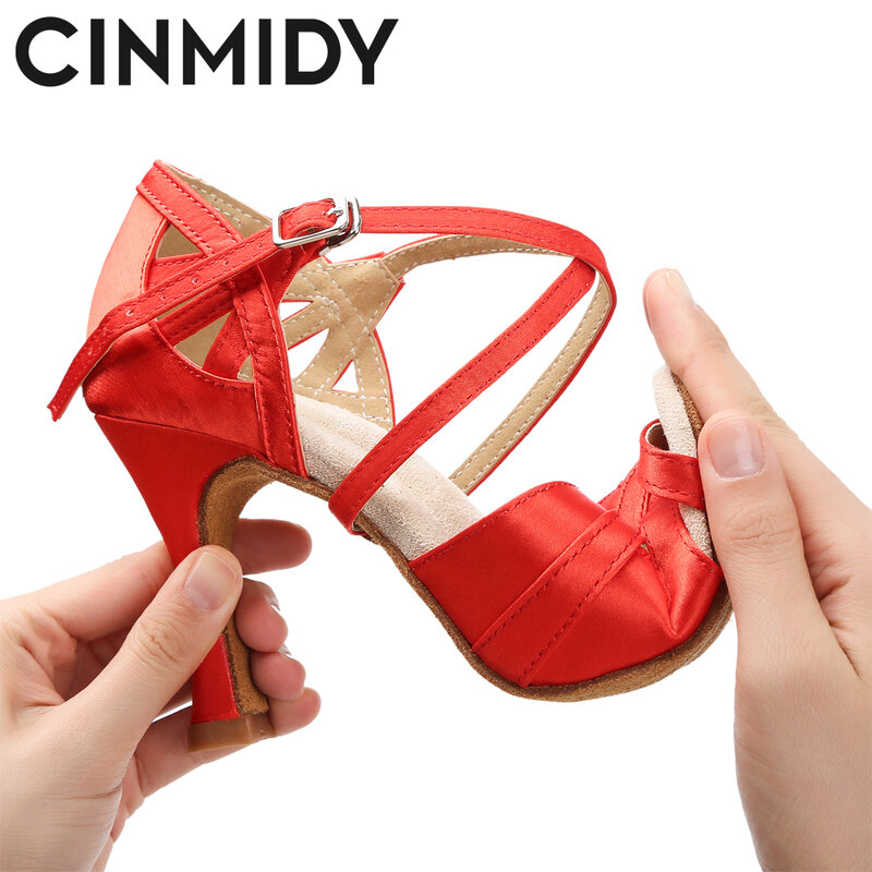 CINMIDY Latin Dance Shoes Tango Salsa Rumba Ballroom Satin Dance Heels Women Red Wedding Shoes Ladies Office Silent Sandals