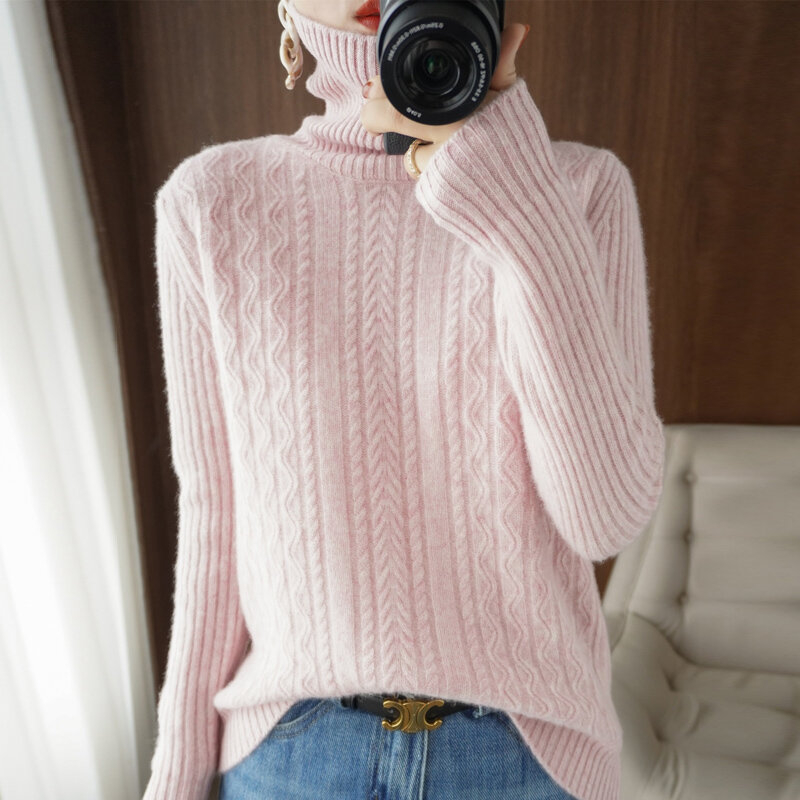 Suéter de manga larga para mujer, jersey de cuello alto de lana pura, holgado, salvaje, torcido, camiseta de fondo, Otoño e Invierno