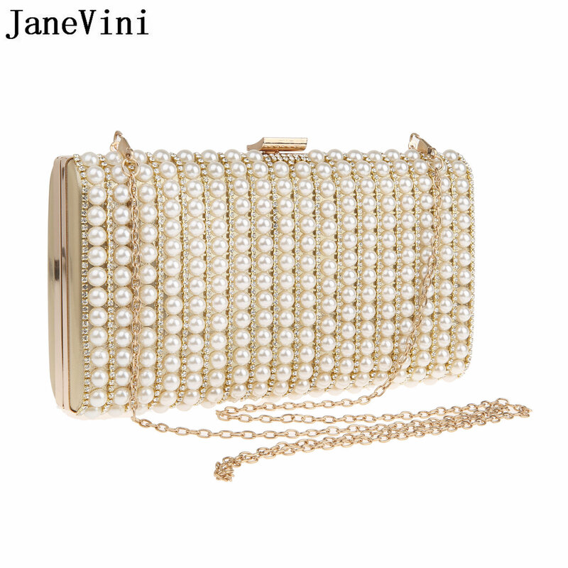 JaneVini Luxury Crystal Pearls Clutch Bag Women Wedding Handbags Crossbody Chain Messenger Bag Gold Evening Party Square Bag