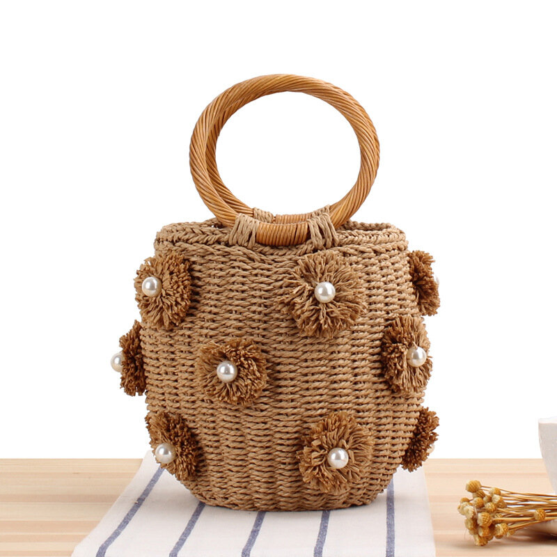 Creative Handmade Rhinestone Crystal Embellished Straw Bag Small Straw Bucket Bags Lady Travel Purses and Handbags
