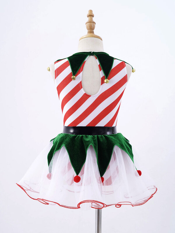 Vestido de tutu infantil para natal, balé, menina, sem mangas, listras, bainha triangular com sinos, pom pom, vestido de festa elegante