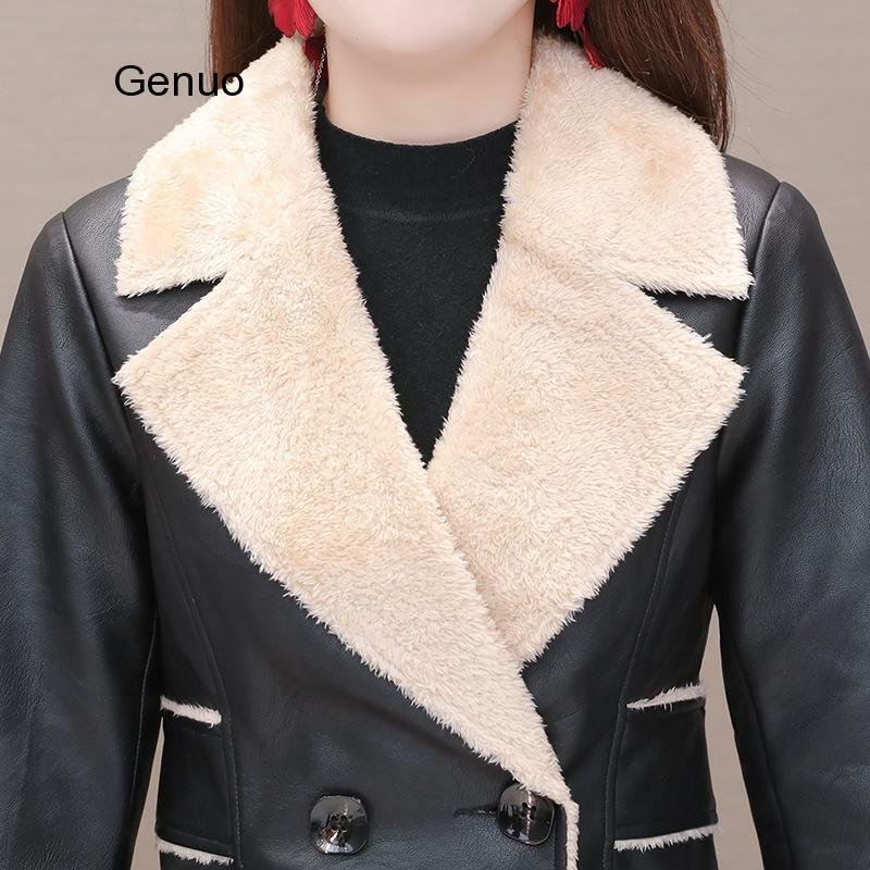 Abrigo de piel sintética de Invierno para mujer, chaqueta de talla grande de longitud media con solapa con estampado de leopardo de doble botonadura, agregar terciopelo para espesar