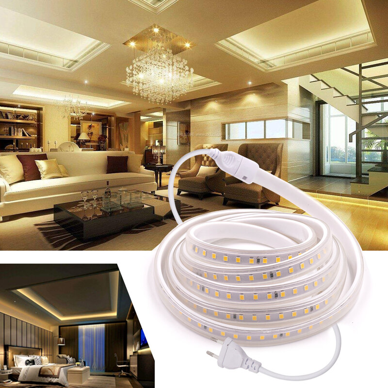 Flexível LED Strip Light com EU Switch Plug, fita impermeável, decoração para casa, 220V, SMD2835, 120 LEDs