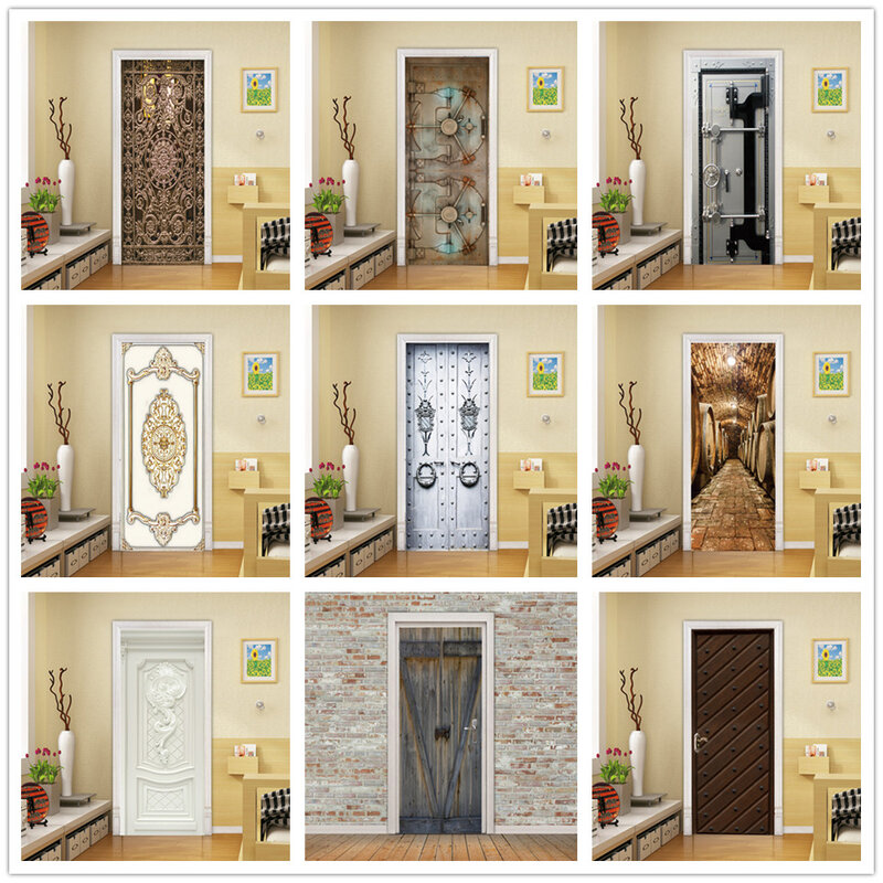 Papel tapiz con patrón de Puerta de Hierro, pegatina de puerta de PVC 3D, autoadhesivo, diseño de puerta de porte, decoración del hogar, póster, Mural de puerta de madera