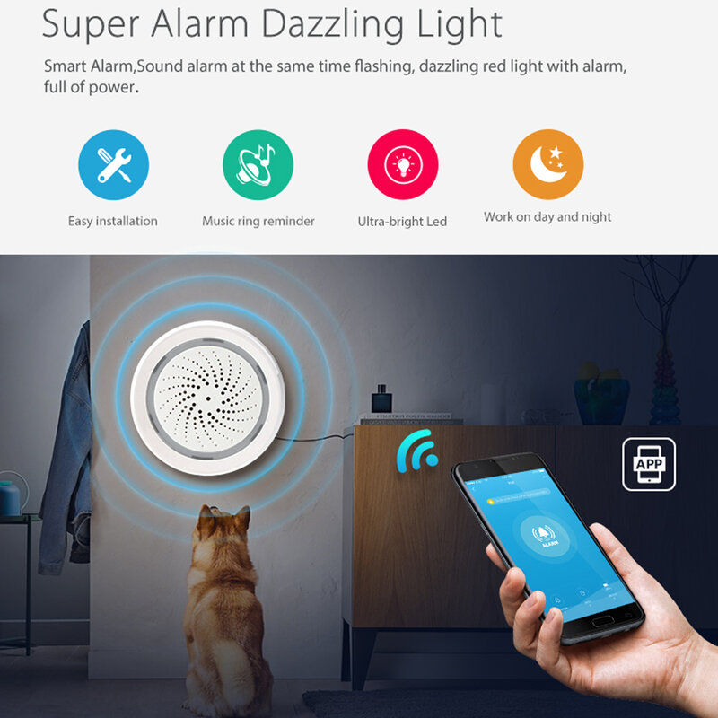 Alarma de sirena USB WiFi, Sensor de alarma de sirena para el hogar, alertas de notificación por aplicación, No requiere concentrador, Plug And Play,Alexa Echo Google Home