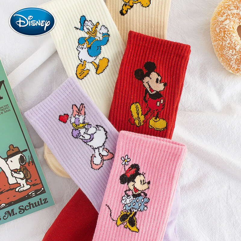 Calcetines deportivos de algodón para niña, medias de tubo absorbentes del sudor, dibujos animados de Disney, Mickey, Minnie, Dais, Pato Donald, dulce y lindo, color sólido