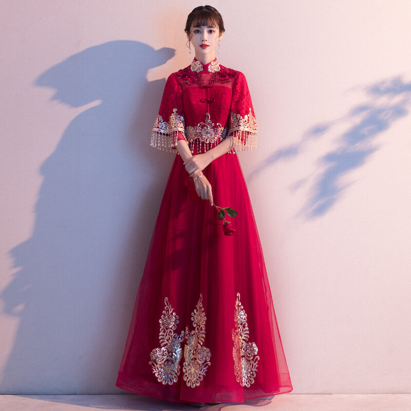 فستان زفاف صيني رسمي ، ثلاثة أرباع ، خصر عالي ، دانتيل ، شبكي ، ياقة قائمة ، تصميم للمرأة الحامل ZL629