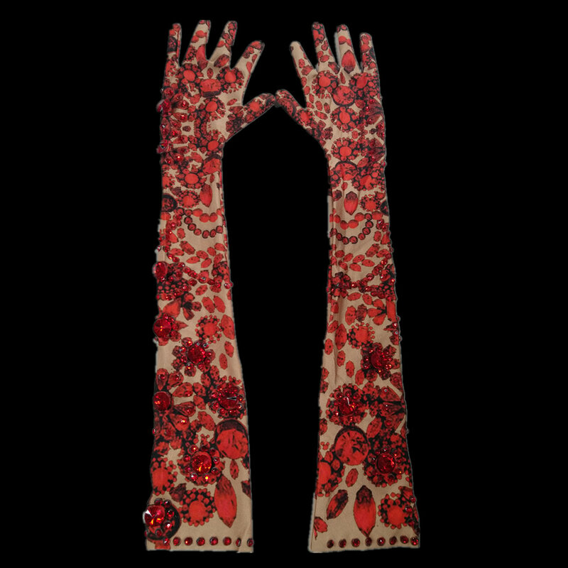 Fashion Red Floral Rhinestone Long Gloves Women Stretch Sparkling Crystal Party Gloves Nightclub Dancer Singer Stage Accessories