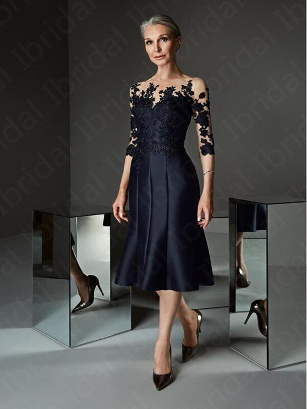 Latest Prussian Blue Mother of the Bride Dresses Tea Length 2024 Wedding Party Gowns 3/4 Sleeves Mother Gowns Lace Short