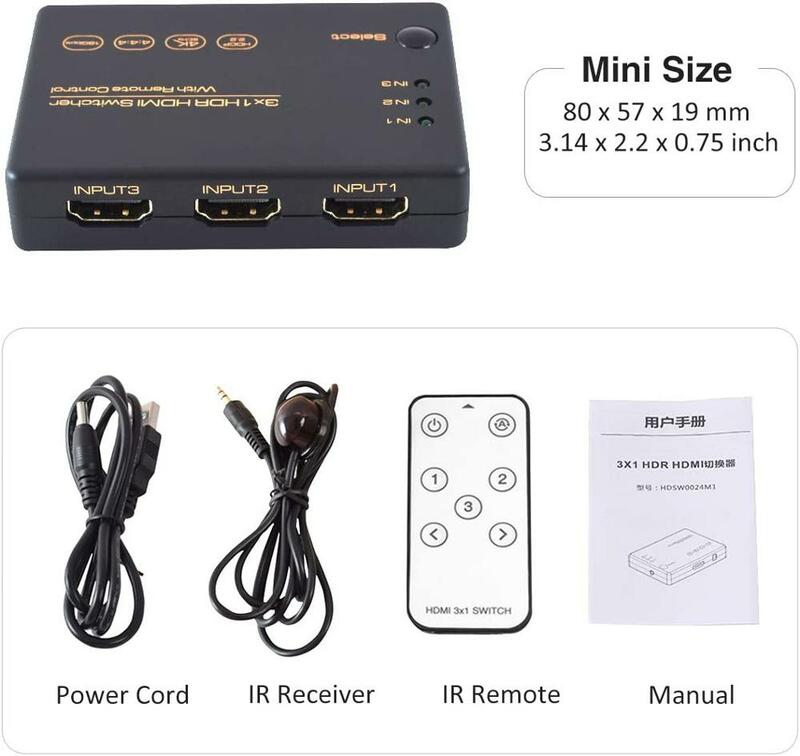 4K HDMI Switch 3x1 HDMI Splitter 3 in 1 out Switcher 1080P Full HD 3 Input 1 Output HDMI Converter HDMI Hub Adapter Support 3D