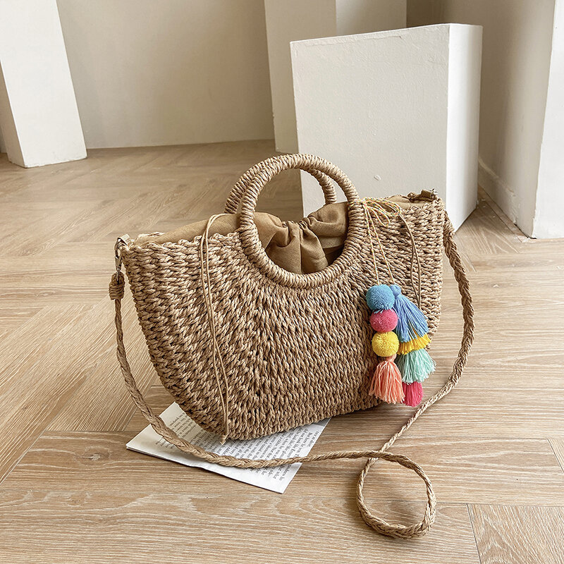 Bolsa de praia feminina de design de luxo, bolsa grande de mão quadrada de palha, bolsa de ombro, de malha, 2021, tecido