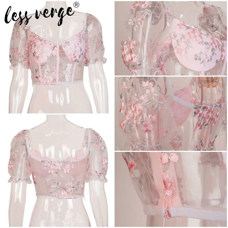 Puff sleeve mesh sheer pink blouse shirt women Embroidery floral short blouse Strapless bustier corset tunic sexy crop top