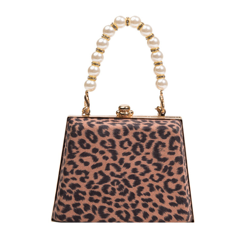 Paquete de caja pequeña con estampado de leopardo para mujer, bolso de mano con asa de perla, mini bolso de hombro, bolsa de mensajero, paquete de tendencia