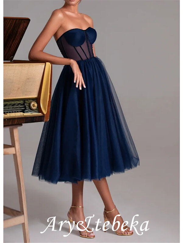 A-Line Sexy Cocktail Party Prom Dress Sweetheart Neckline Sleeveless Tea Length Tulle with Pleats 2021
