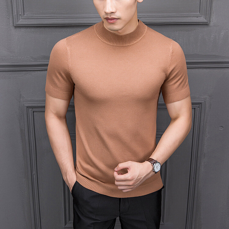 MRMT-Camiseta de Color puro para hombre, con cuello semialto Jersey de punto, de media manga, para otoño, novedad de 2024