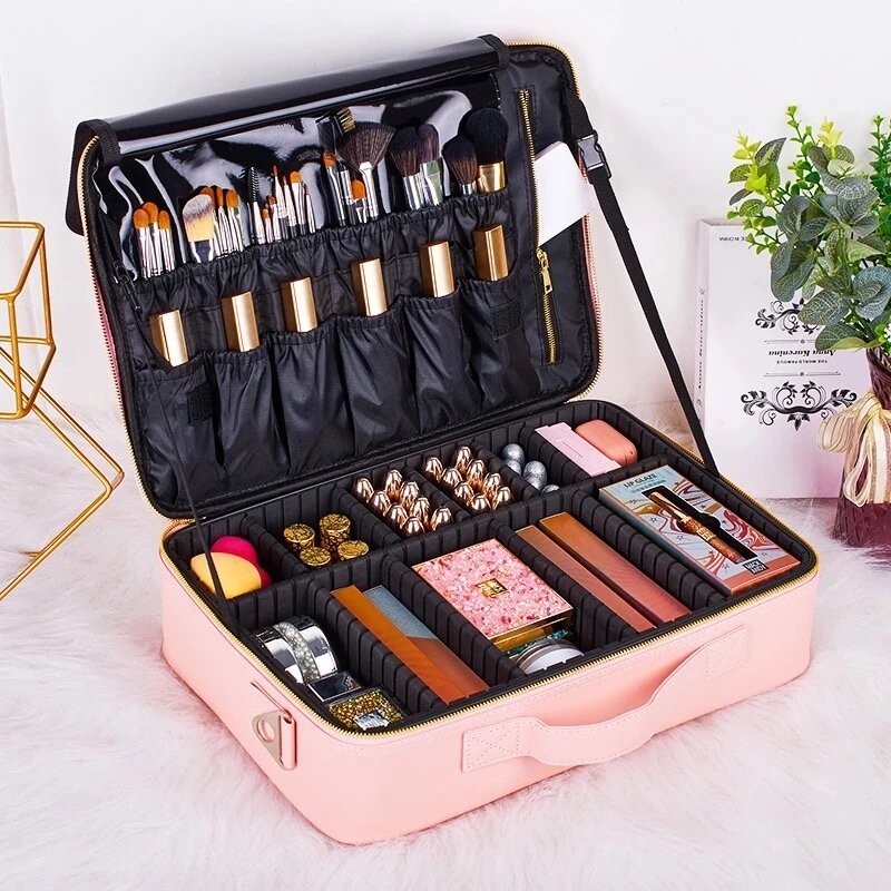 Women Professional Suitcase Makeup Box Make Up Cosmetic Bag Organizer Storage Case Zipper Big Large Toiletry Wash Beauty Pouch