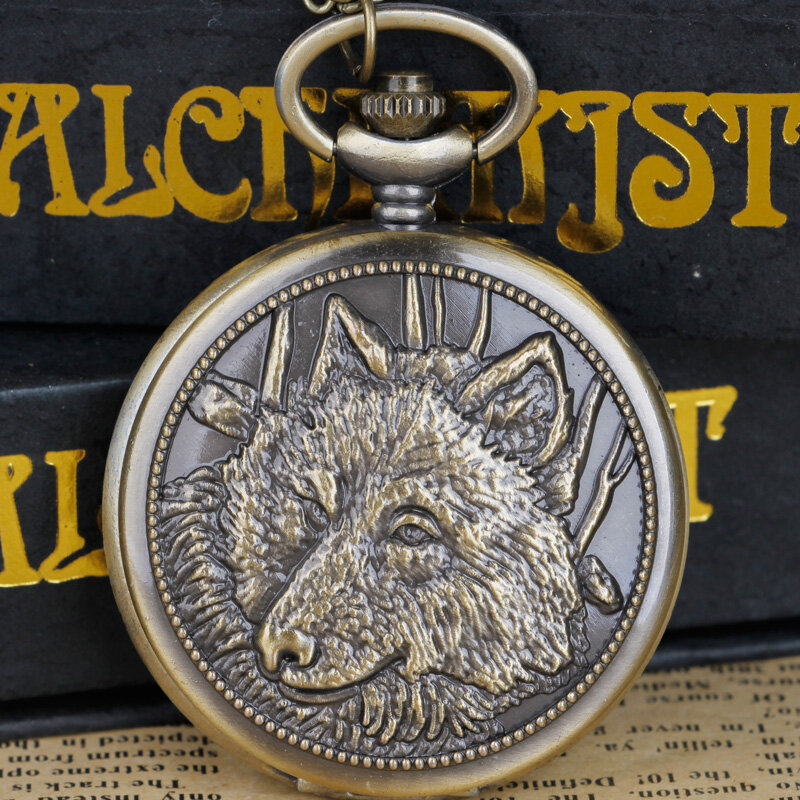 Antike Bronze Tier Hund Wolf Kopf Muster Quarz Taschenuhr Anhänger Kette Halskette weißes Zifferblatt für Männer Frauen