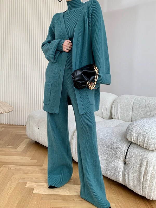 French Style Elegant Women clothing Pullover  3 pieces outfit Sweater Cardigan + Knitted Wide Leg Pants Three Piece Set