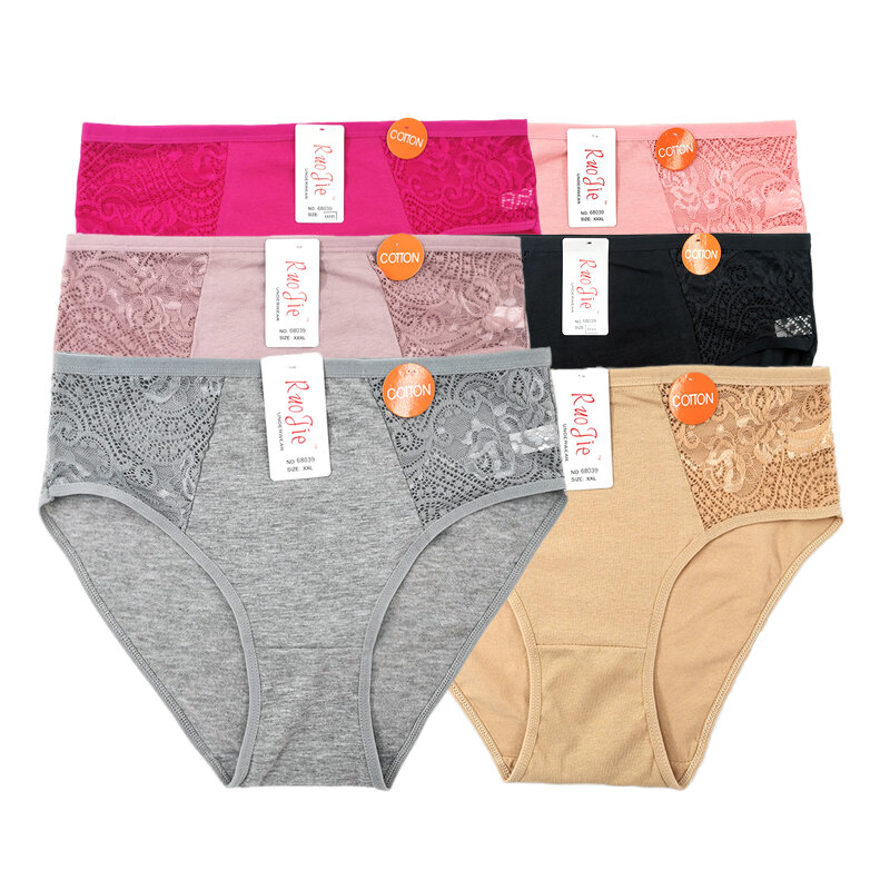 5PCS Cotton 2XL-4XL Big Size High Waist Women's Panties Solid Lace Briefs Underwear Lady Sexy Plus Size Underpants