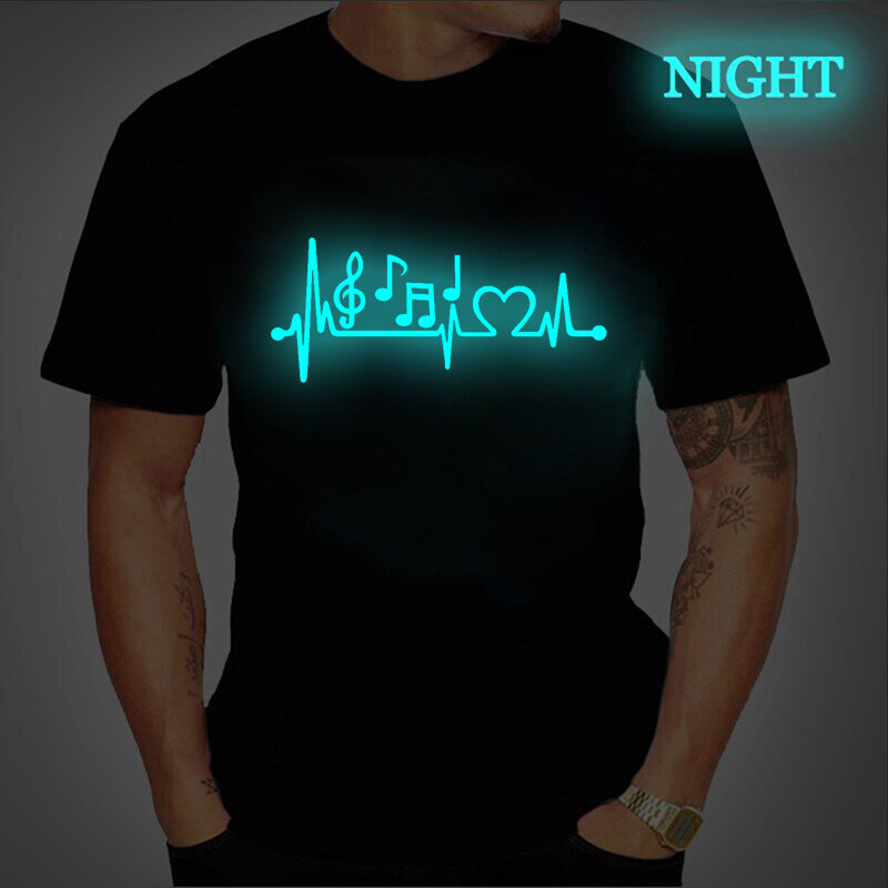 Camiseta gótica con estampado de símbolo de música luminosa para hombre, camiseta personalizada negra, camisetas gráficas de talla grande, camisetas de verano para hombre