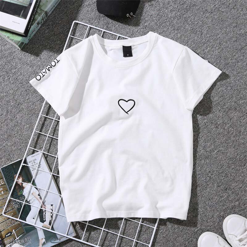 Camiseta estampada casual branca e feminina, camiseta amor com estampa de coração, bordado, verão, 2020