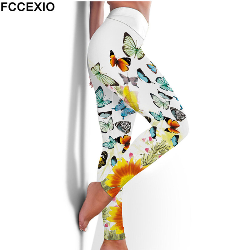 FCCEXIO Legging Elastis Kebugaran Pinggang Tinggi 6 Warna Celana Olahraga Olahraga Olahraga Kasual Legging Seksi Gambar Cetak 3D Kupu-kupu