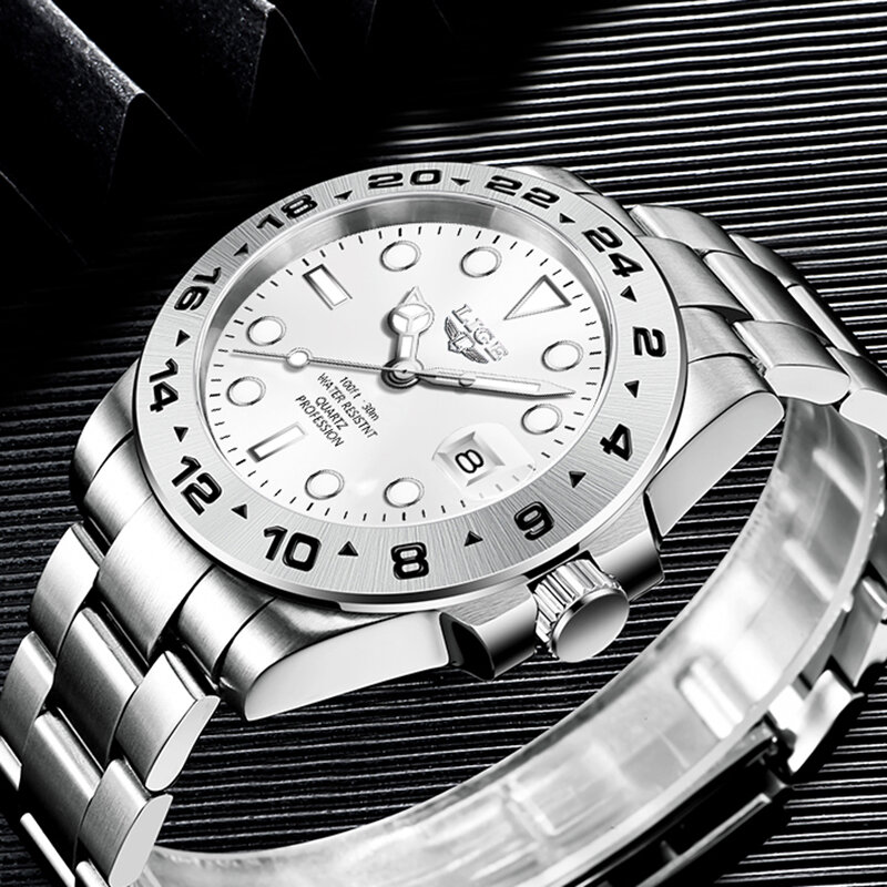 Часы наручные LIGE Мужские кварцевые, брендовые Роскошные модные водонепроницаемые до 30 атм, спортивные с датой