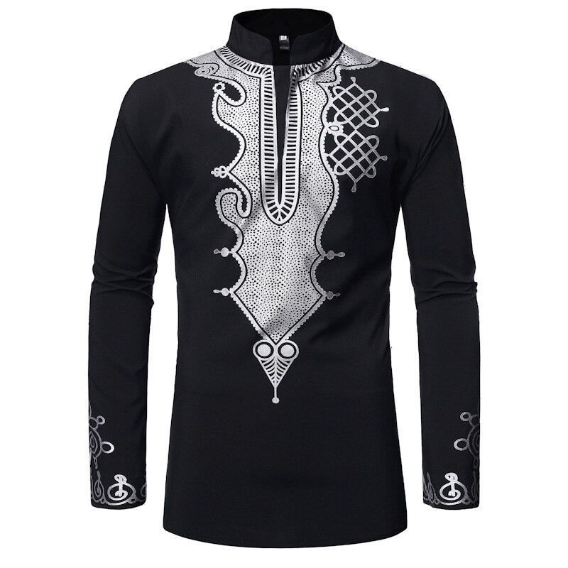 Mannen Nieuwe Mode Hot Selling Mannen Europese Maat Afrikaanse Stijl Mock Hals Vergulde Afrikaanse Chief Shirt Voor WmenJQ-10059