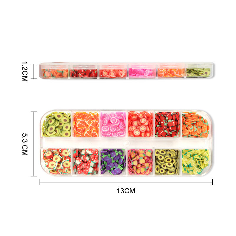 12 Grid Mixed Fruit Polymer Soft Clay Flakes for Nail Art UV Epoxy Resin Silicone Mold Flakes Slime Filler Making Tweezers DIY