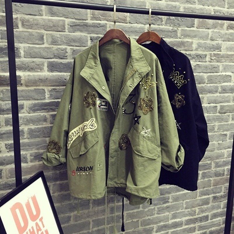 2023 mulheres jaqueta de algodão casaco casual feminino bombardeiro jaqueta bordado apliques rebites oversize casaco de algodão verde do exército