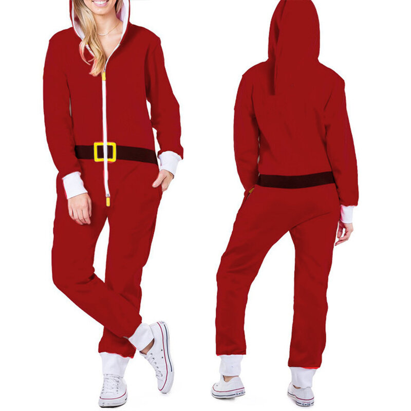 Christmas Jumpsuit Pajamas Women Winter Print Warm Long Sleeve Sleepwear Xmas Cute Zipper Up Hooded Nightwear Home Wear Suits
