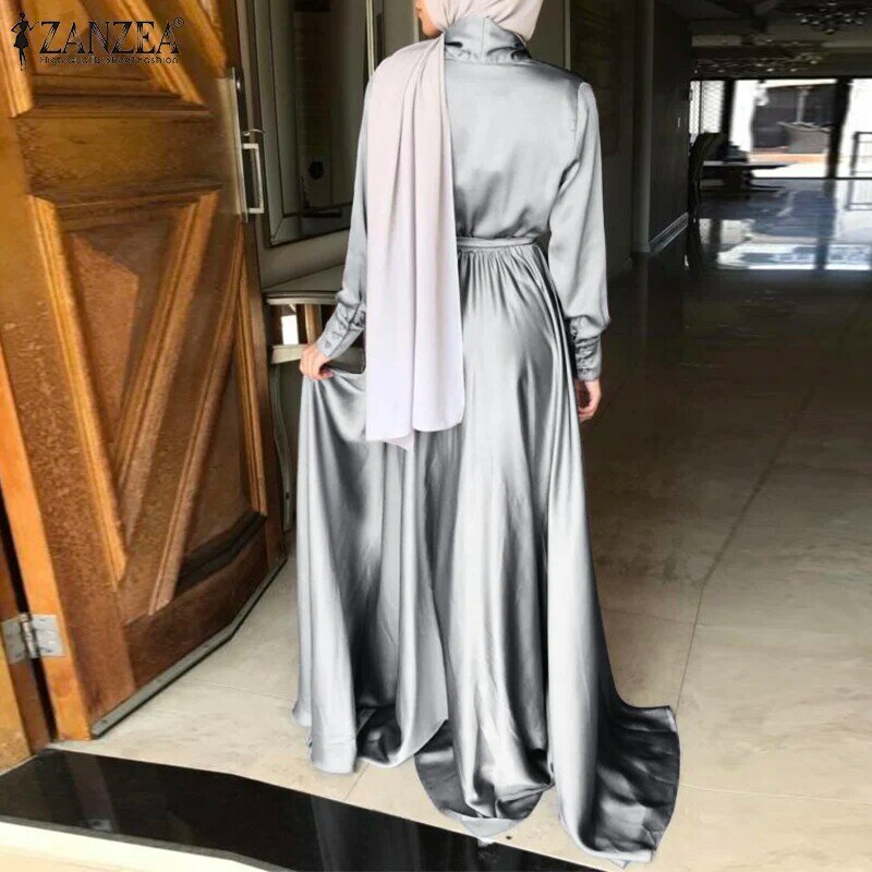 ZANZEA-vestido muçulmano de manga comprida para mulheres com cinto, kaftan abaya, vestidos de clube elegantes soltos, estilo casual, 2023