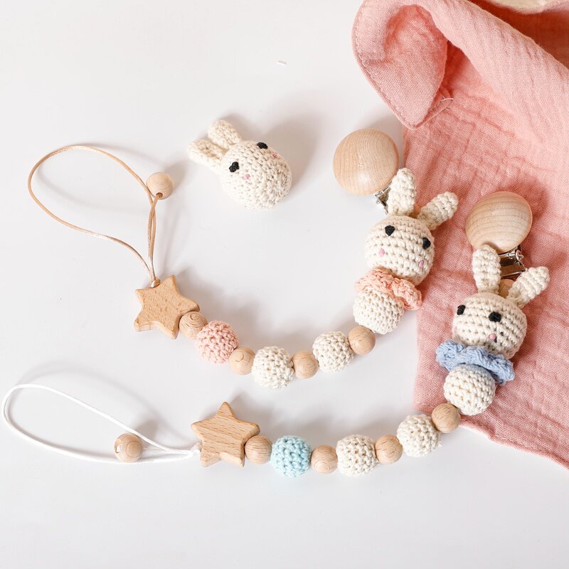 Wooden Pacifier Chains Rabbit Crochet Beads Baby Pacifier Clips Personalized Attache Sucett Dummy Mam Pacifiers Nipple Holder