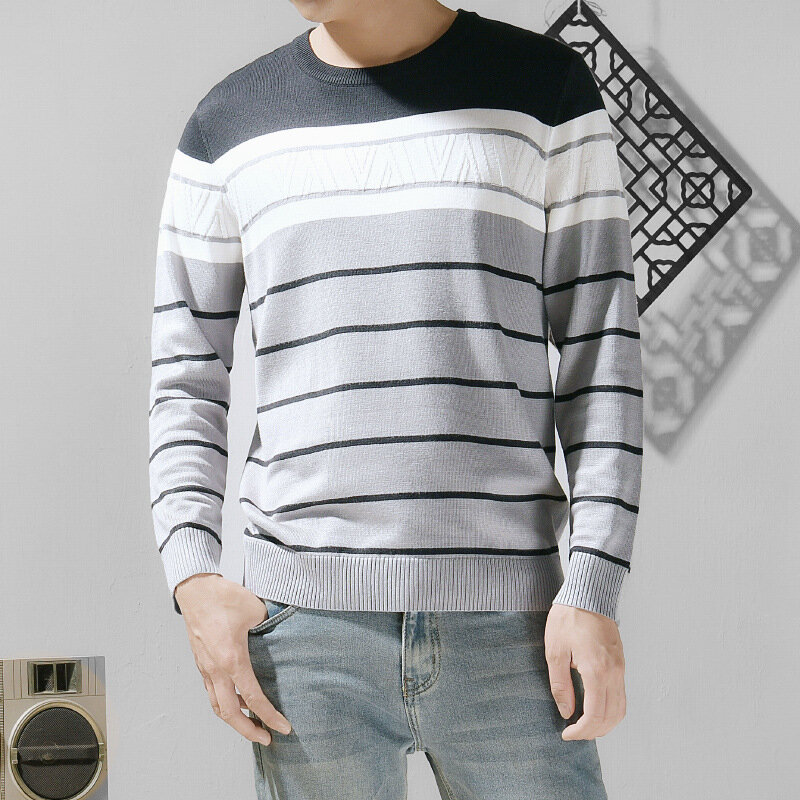 A685 Winter Men Knitted Sweater Casual Regular-Fit Basic Classic Striped Home Gentlemen o-Neck All-Match Comfortable Pullover