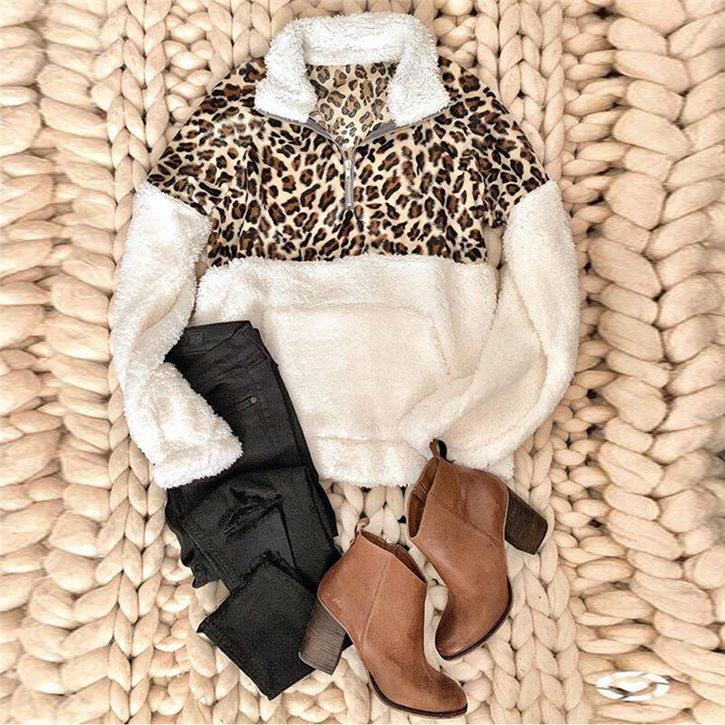 2019 suéter de lana de invierno de moda de leopardo de retazos mullido suéteres gruesos abrigados de la cremallera de las mujeres abrigo de invierno Sherpa Tops
