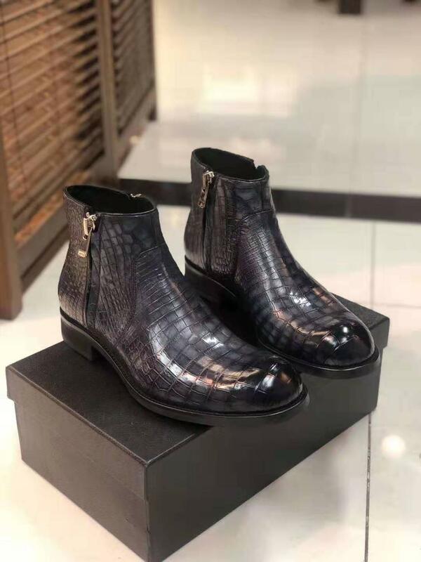 Мужские зимние ботинки из натуральной крокодиловой кожи на молнии