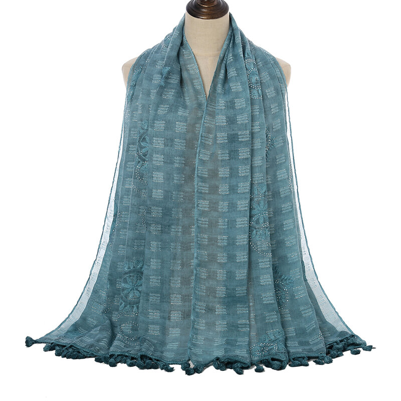 Dames Premium Bloemen Borduurwerk Sjaal Met Diamant Hoge Kwaliteit Kwastje Sjaals Viscose Hijab Lange Moslim Sjaal