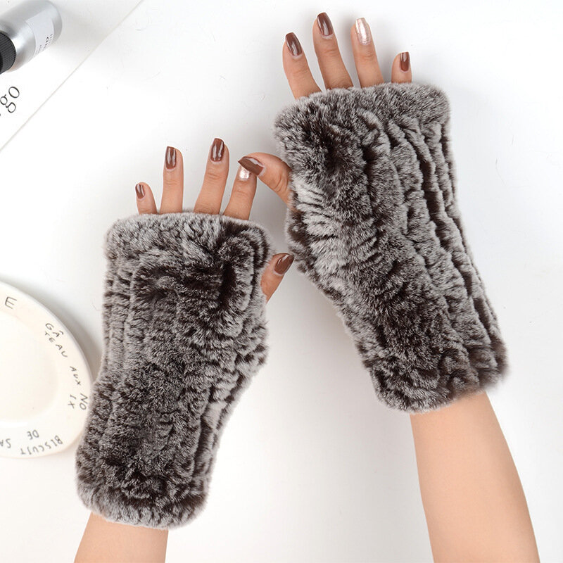 Rex Rabbit Fur Artificial Woven Fingerless Gloves Half-finger Thickened Warm Winter Wristband Mid-length Gloves