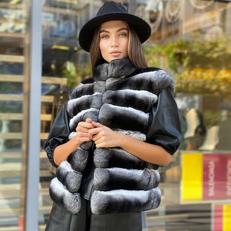 Chinchilla-chaqueta de piel de invierno para mujer, abrigo de piel de conejo Rex de manga desmontable, talla grande, personalizable
