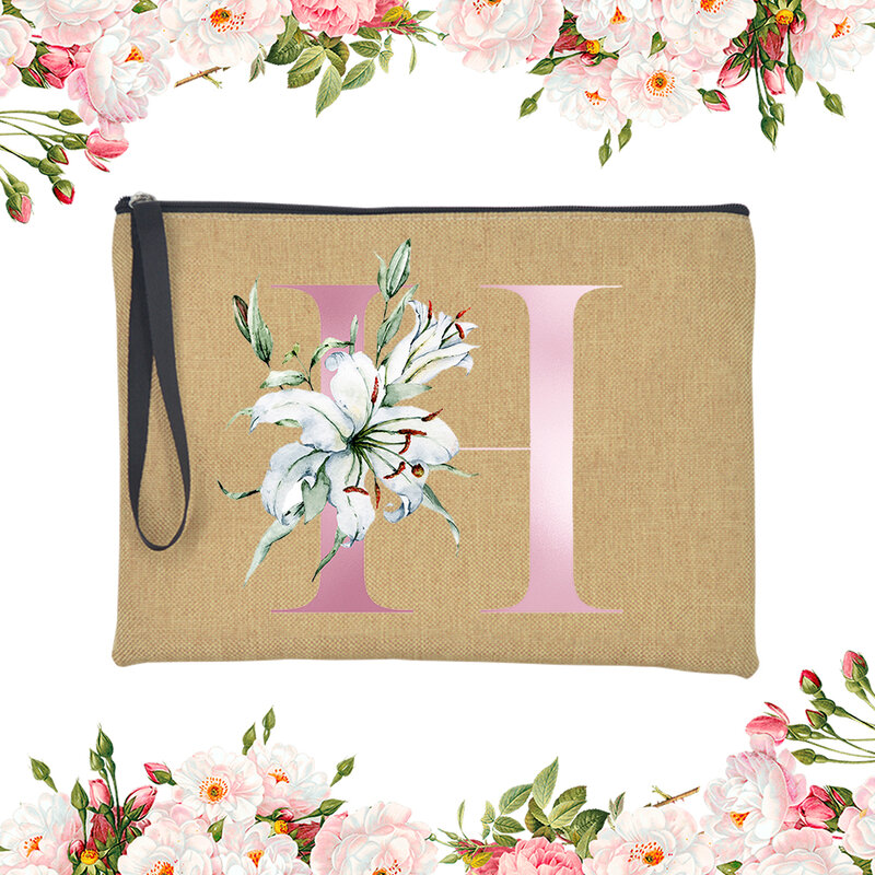 Сумка-клатч женская с буквенным принтом, Модный повседневный льняной косметический саквояж на молнии, с цветами и розовым алфавитом, подарок для женщин