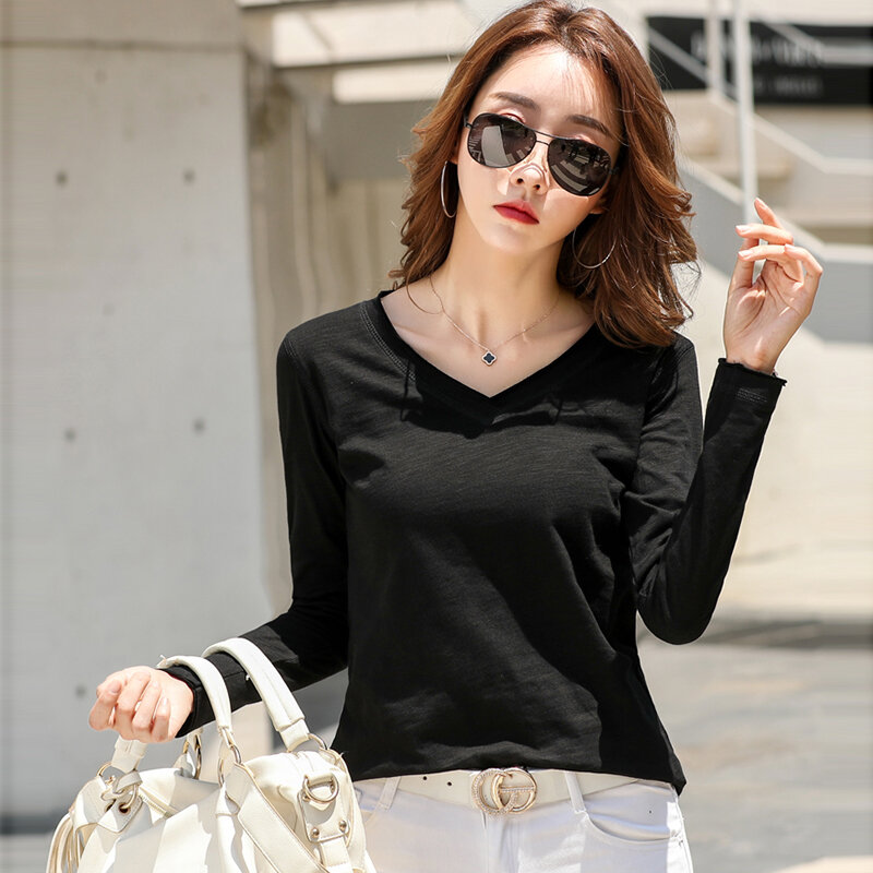 Camiseta de algodão de manga longa feminina, blusa justa, estilo coreano, roupa básica, casual, outono, inverno, 2022