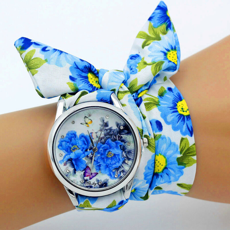 Часы наручные Shsby женские с тканевым ремешком, модные наручные часы с цветочным принтом, часы с тканевым браслетом для девушек