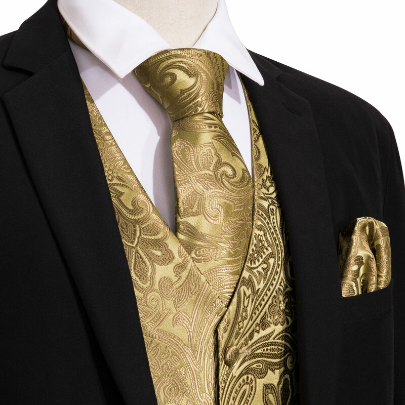 Conjunto de gravata de seda extra masculina, Paisley dourado, preto, verde, azul, vermelho, colete monocromático, festa de casamento, coletes masculinos, Barry Wang, 4 peças