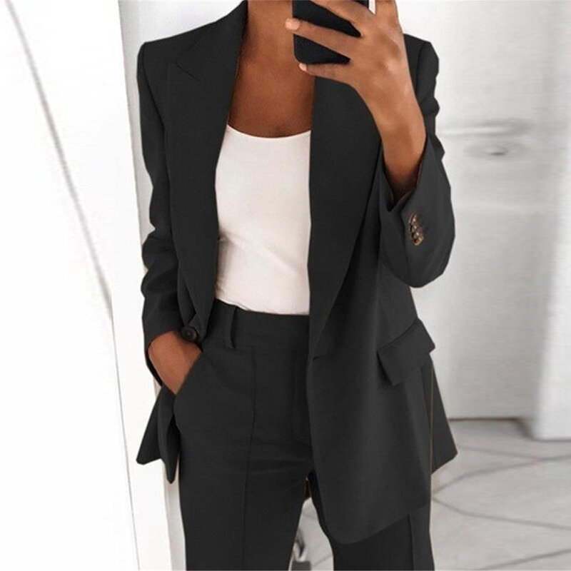 Blazer de botão único para mulheres, manga comprida, jaqueta monocromática, tops elegantes para senhora do escritório, terno justo, outono 2022