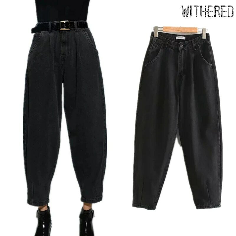 Withered england high street vintage mom jeans woman high waist jeans loose pleated jeans for women boyfriend jeans JUMPSUITS