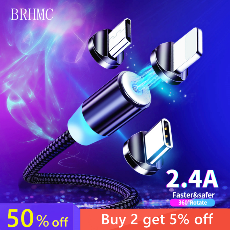 BRHMC Магнитный Micro USB кабель для iPhone Samsung Android Быстрая зарядка магнит Зарядное устройство USB Type C кабель Мобильный телефон шнур провод
